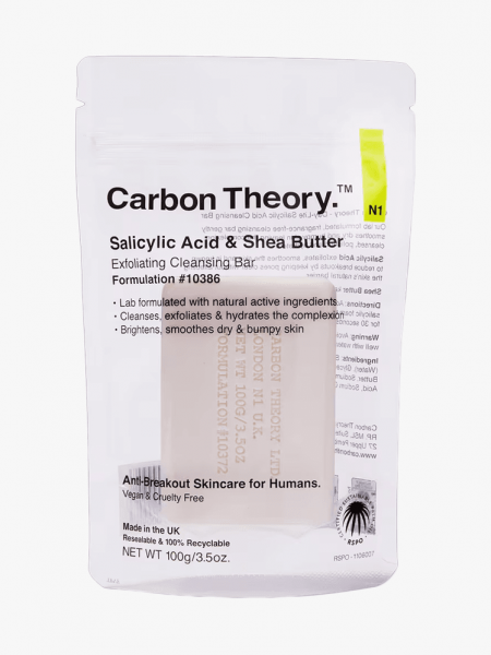 Carbon Theory Salicylic Acid & Shea Butter Exfoliating Cleansing Bar in branded component on a light gray background