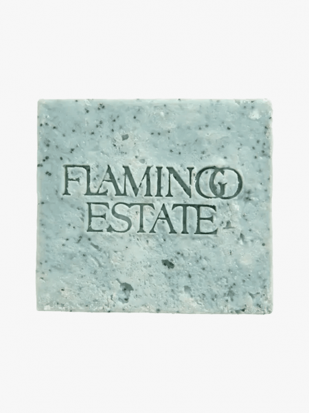 Flamingo Estate Exfoliating Peppermint Soap Brick in branded component on a light gray background