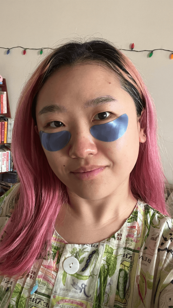 Commerce editor Sarah Han wearing the Summer Fridays Jet Lag Eye Patches