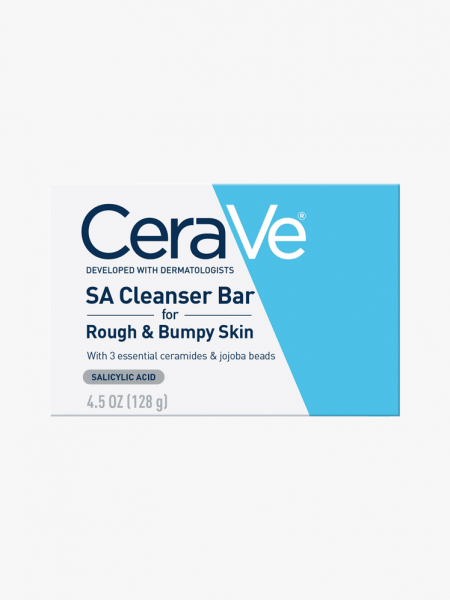 CeraVe SA Cleanser Bar for Rough & Bumpy Skin in branded component on a light gray background
