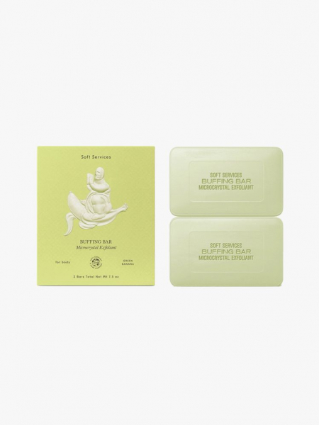Soft Services Green Banana Buffing Bar two light green buffing bars and box on light gray background